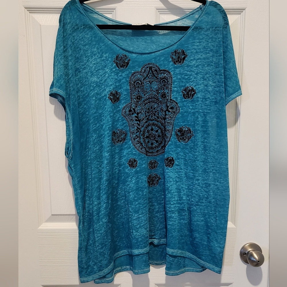 Cato Teal Short Sleeve Top with Black Graphic